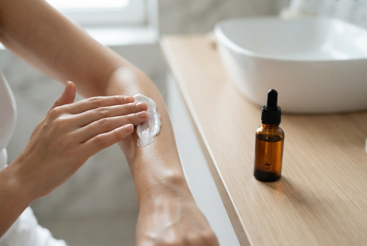 Sonnencreme wird separat auf einen Arm aufgetragen, während eine schlichte Selbstbräuner-Tropfenflasche danebensteht.