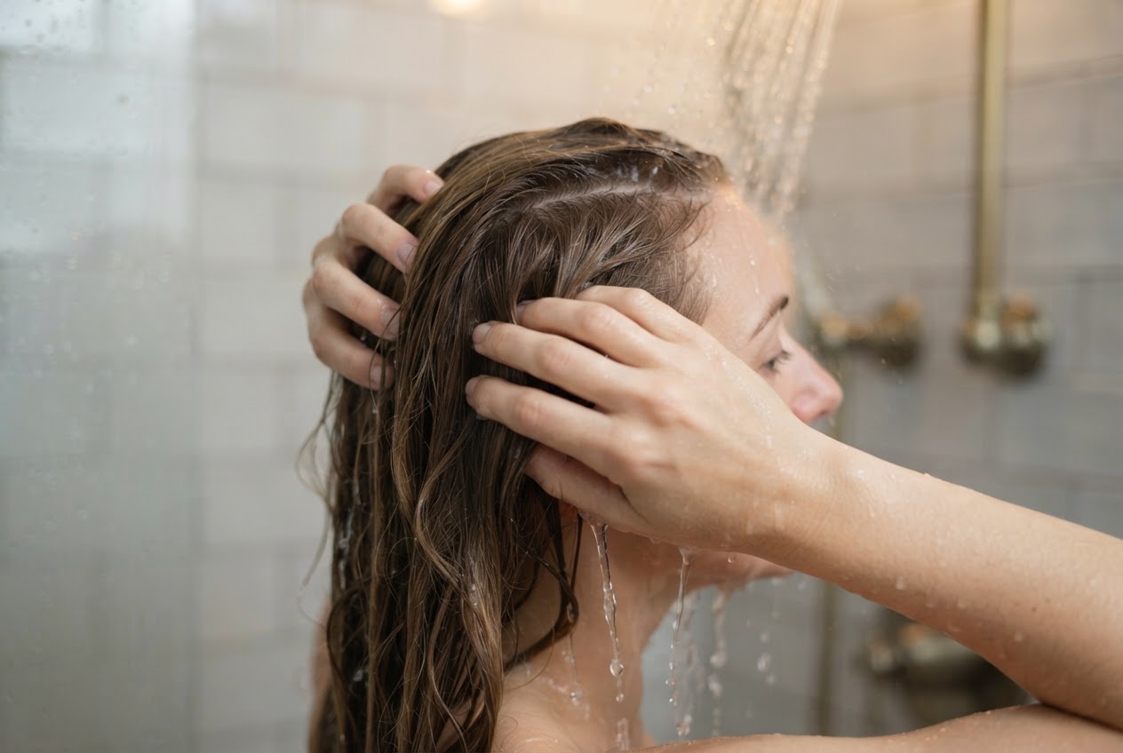 Eine Person spült Shampoo unter fließendem Wasser sorgfältig von der Kopfhaut aus.