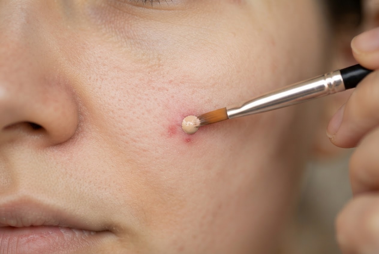 A close-up of a small brush dotting a cream concealer on a red spot on a person's cheek.