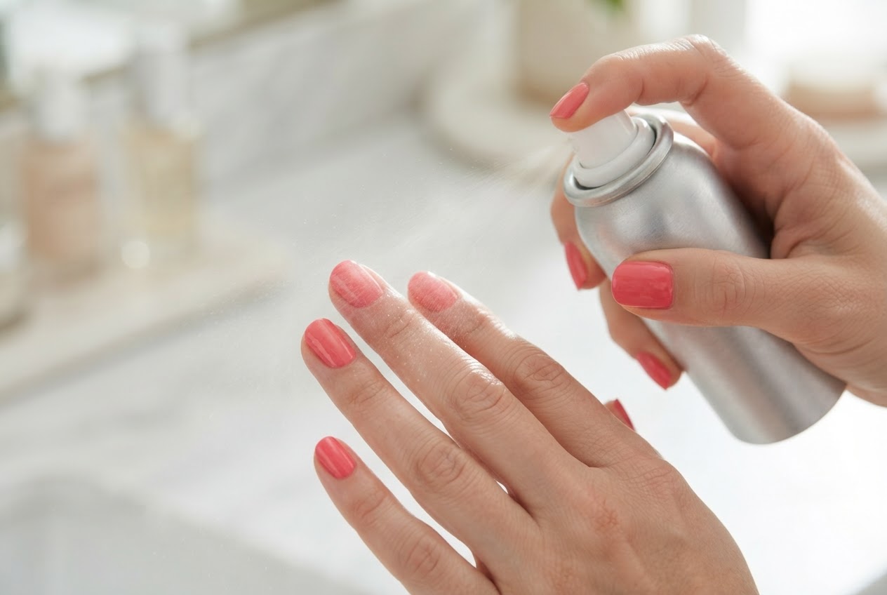 Eine Hand mit frisch lackierten Nägeln wird mit einem feinen Nebel aus einer Spraydose besprüht.