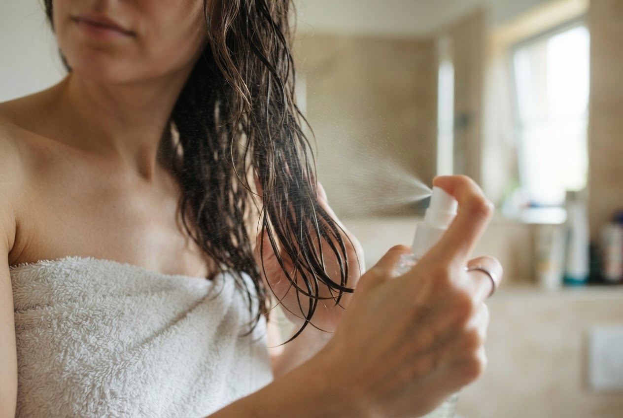 Person spraying leave-in treatment onto towel-dried hair