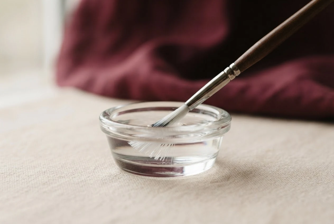 Die Spitze eines feinen Reinigungspinsels taucht in eine kleine Glasschale mit Nagellackentferner.