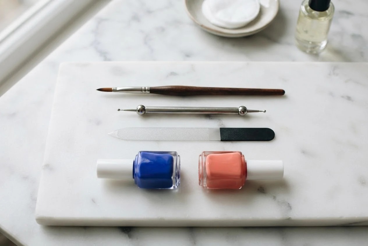 Ein professionell arrangiertes Set aus Nagelpinseln, einem Dotting-Tool, einer Nagelfeile und zwei Nagellacken in Blau und Koralle auf einer sauberen, hellen Oberfläche.