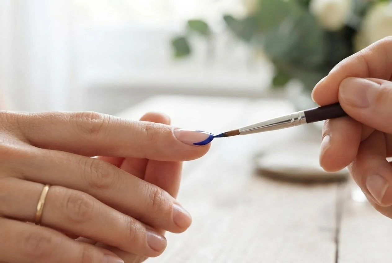 Ein feiner Pinsel zieht eine präzise, kobaltblaue Linie über die freie Nagelspitze, deutlich getrennt von der Nagelhaut.