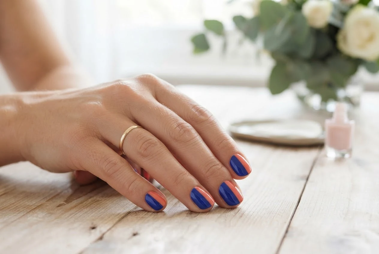 Ein Fingernagel, der vertikal in eine kobaltblaue und eine korallfarbene Hälfte geteilt ist, mit einer präzisen Trennkante.