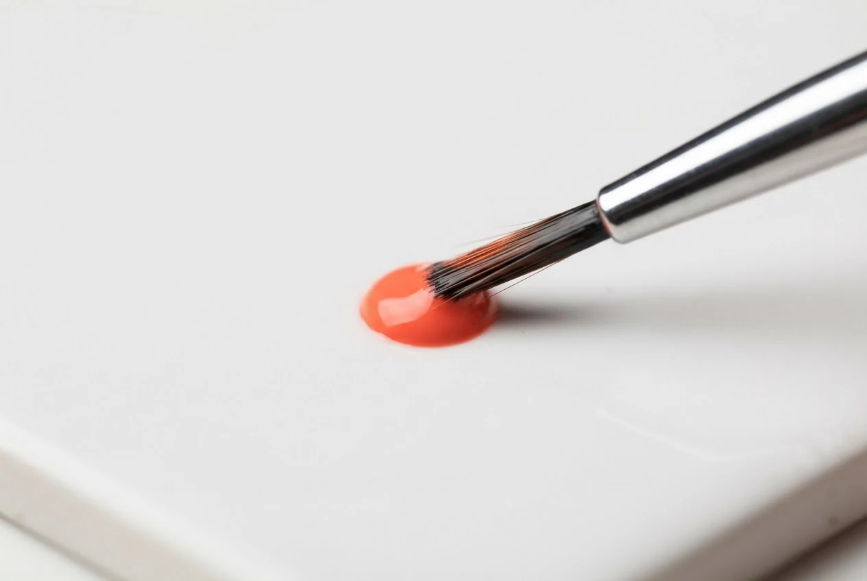 Ein feiner Pinsel, der einen kleinen Punkt korallfarbenen Nagellacks auf eine weiße Keramikfliese setzt, um die Lackmenge zu testen.