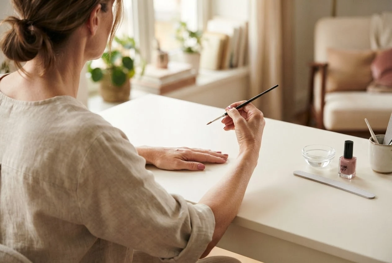 Eine Frau legt beide Unterarme auf den Tisch; eine Hand liegt flach, die andere hält einen feinen Nailart-Pinsel.
