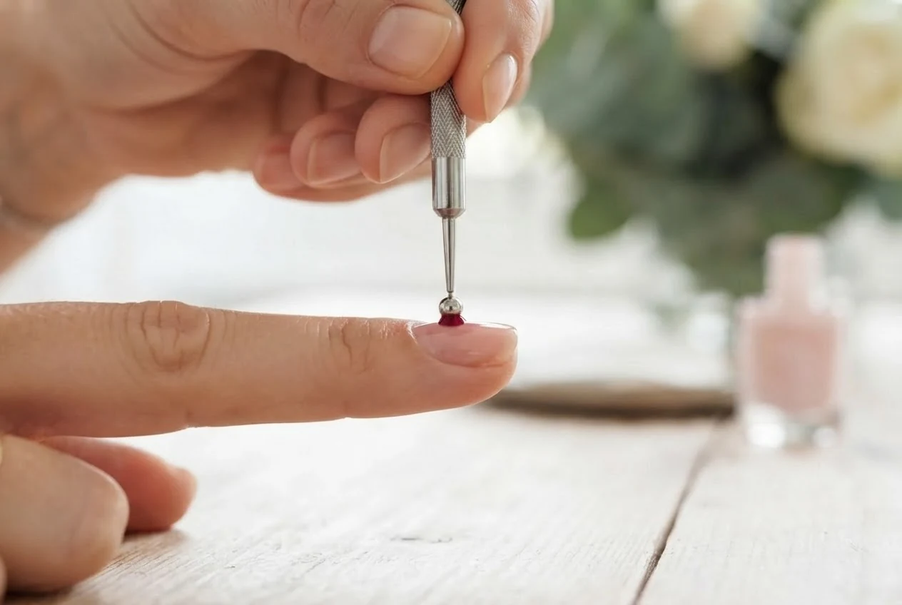 Ein Dotting-Tool mit einer Metallkugel am Ende berührt senkrecht die Nageloberfläche, um einen einzelnen bordeauxroten Punkt zu setzen.