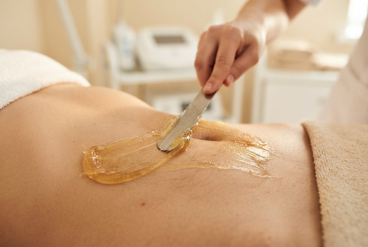 A hand applying a golden sugar paste on a belly with a spatula, following the hair growth direction.