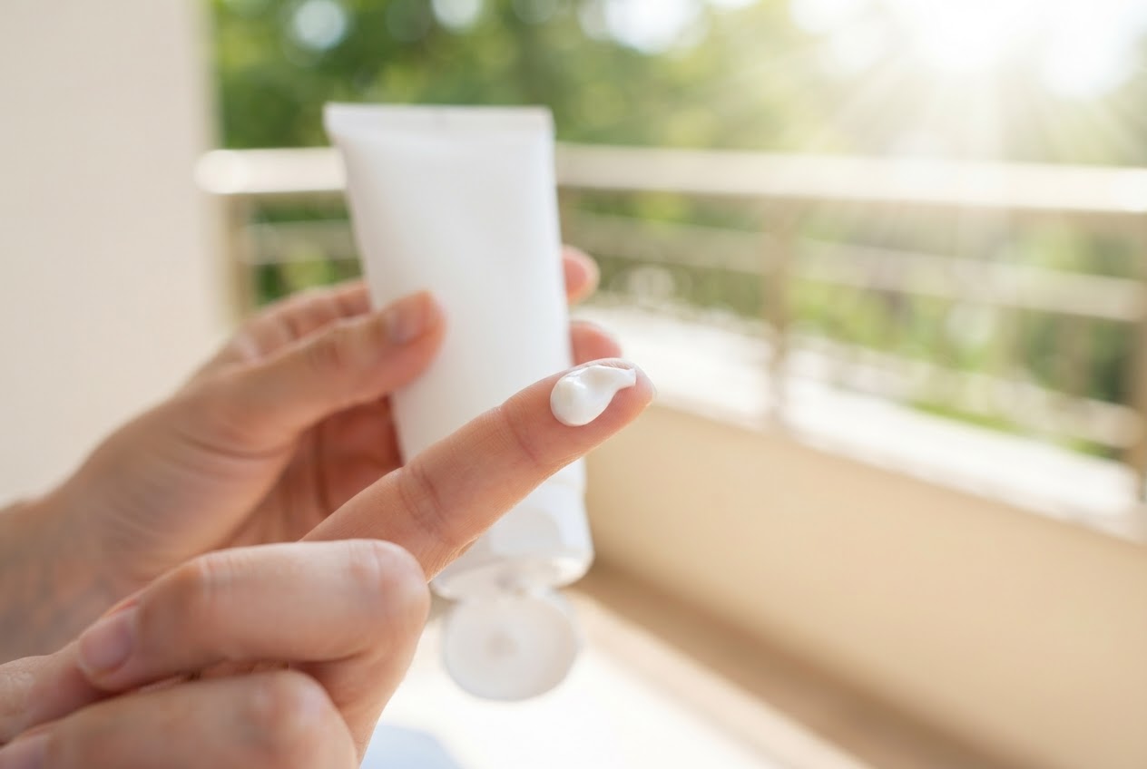 A sunscreen tube with a blob of sunscreen on a finger, in bright daylight.