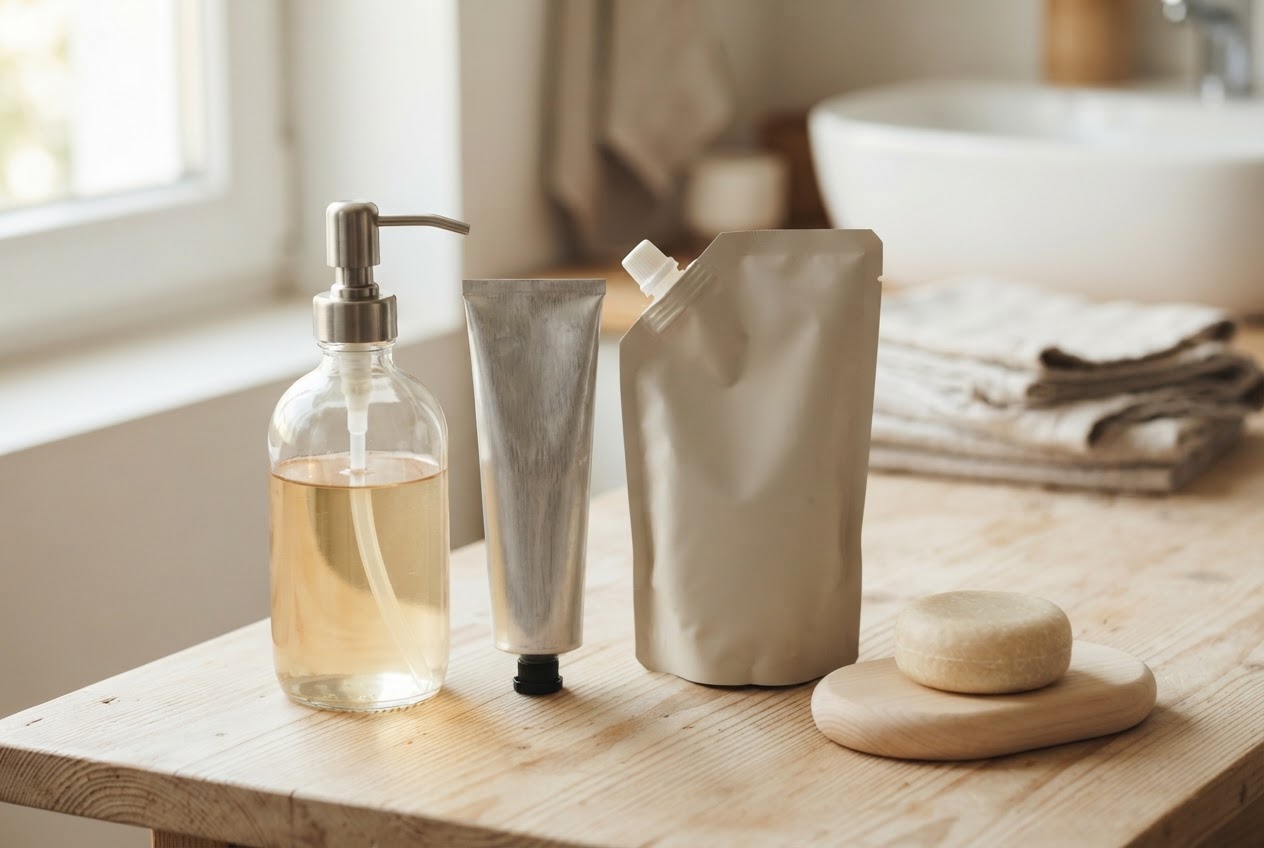Auf einem Tisch liegen nachhaltige Haarpflegeprodukte: eine Glasflasche, eine Aluminiumtube, ein Nachfüllbeutel und ein festes Shampoo.