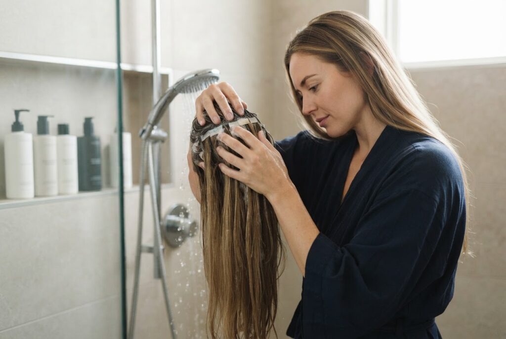Realistic photo for Tape-Extensions richtig waschen, bürsten und stylen