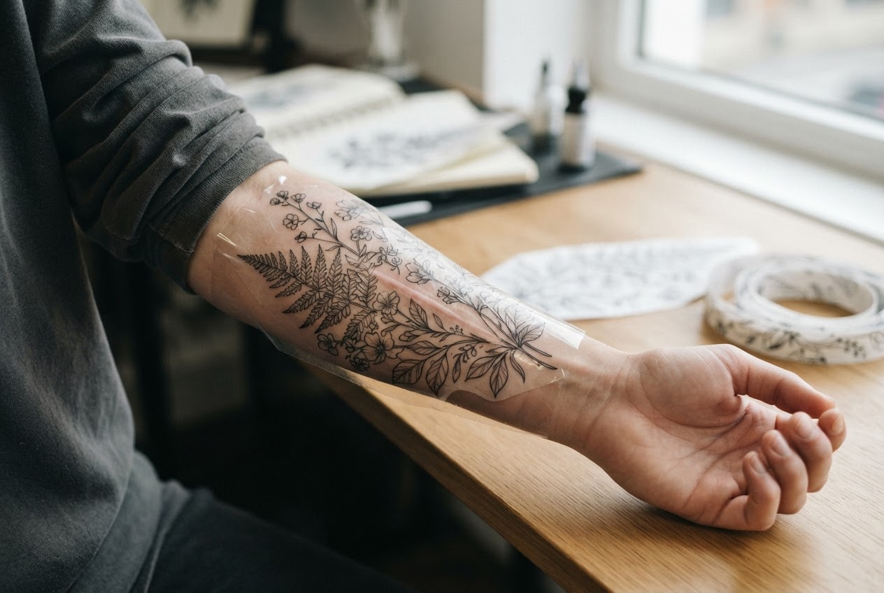 Großflächiger botanischer Tattoo-Entwurf wird mit einer transparenten Folie auf einem Arm positioniert.