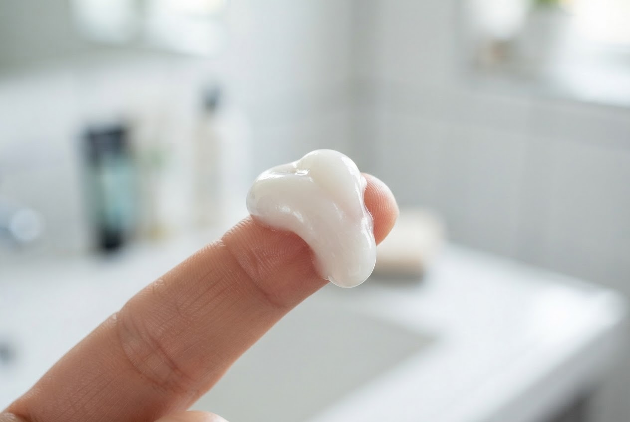 A blob of thick shampoo on a finger, showing its dense, viscous consistency.