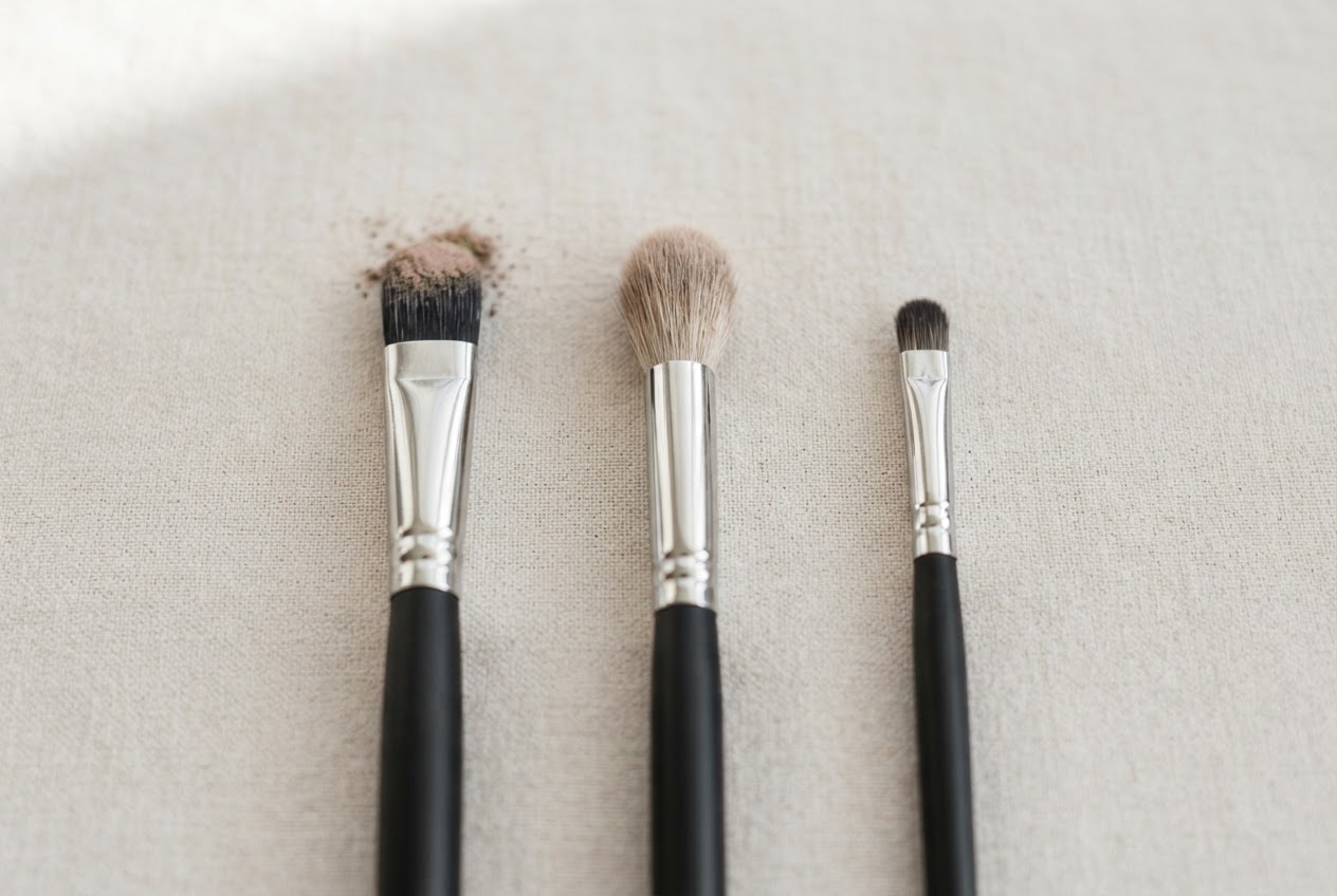 Three eyeshadow brushes: flat, fluffy blending, and small firm angled brush.