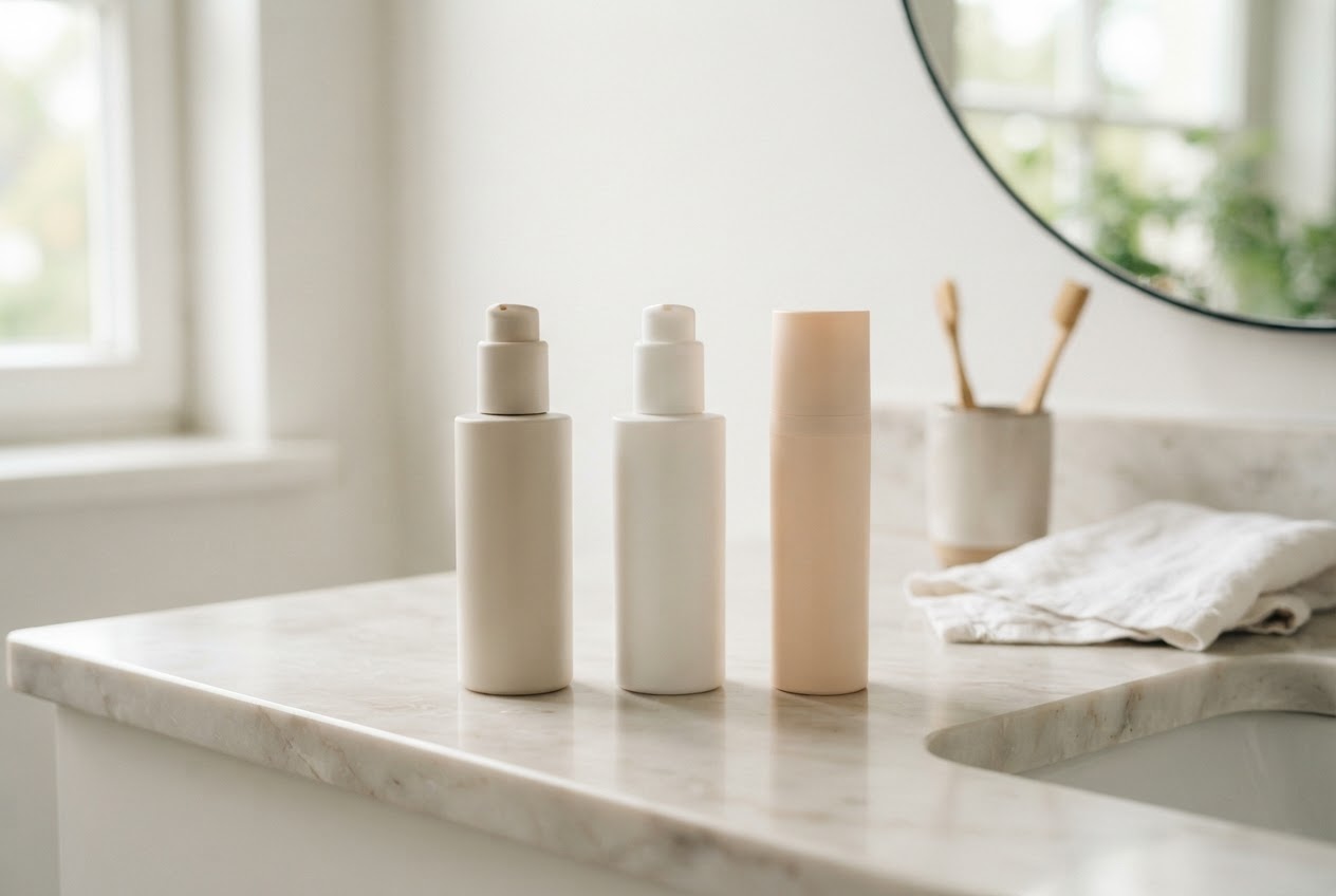 Three minimalist skincare products lined up on a clean counter: a cleanser, a moisturizer, and a sunscreen.
