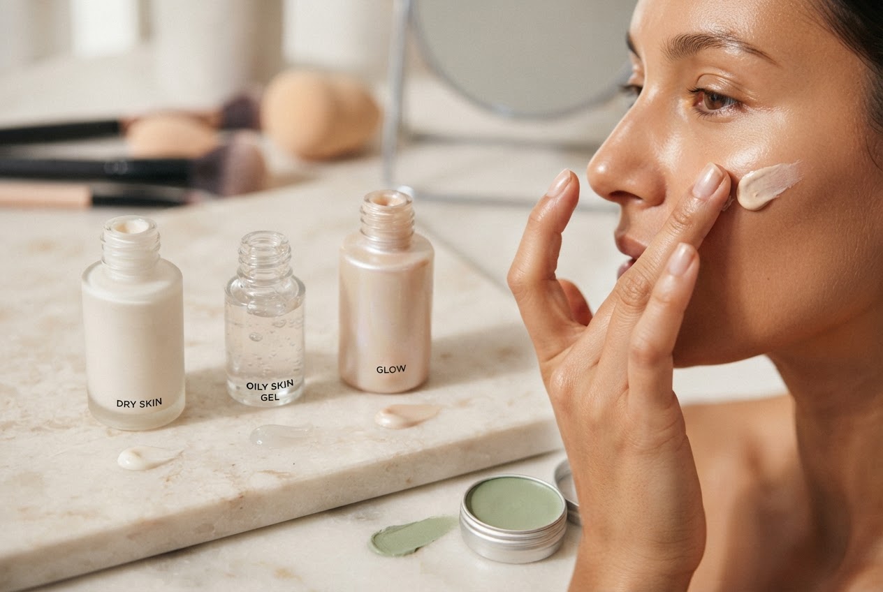 Three small bottles of primer labeled for dry, oily, and glow skin, with a hand applying a drop to the face.