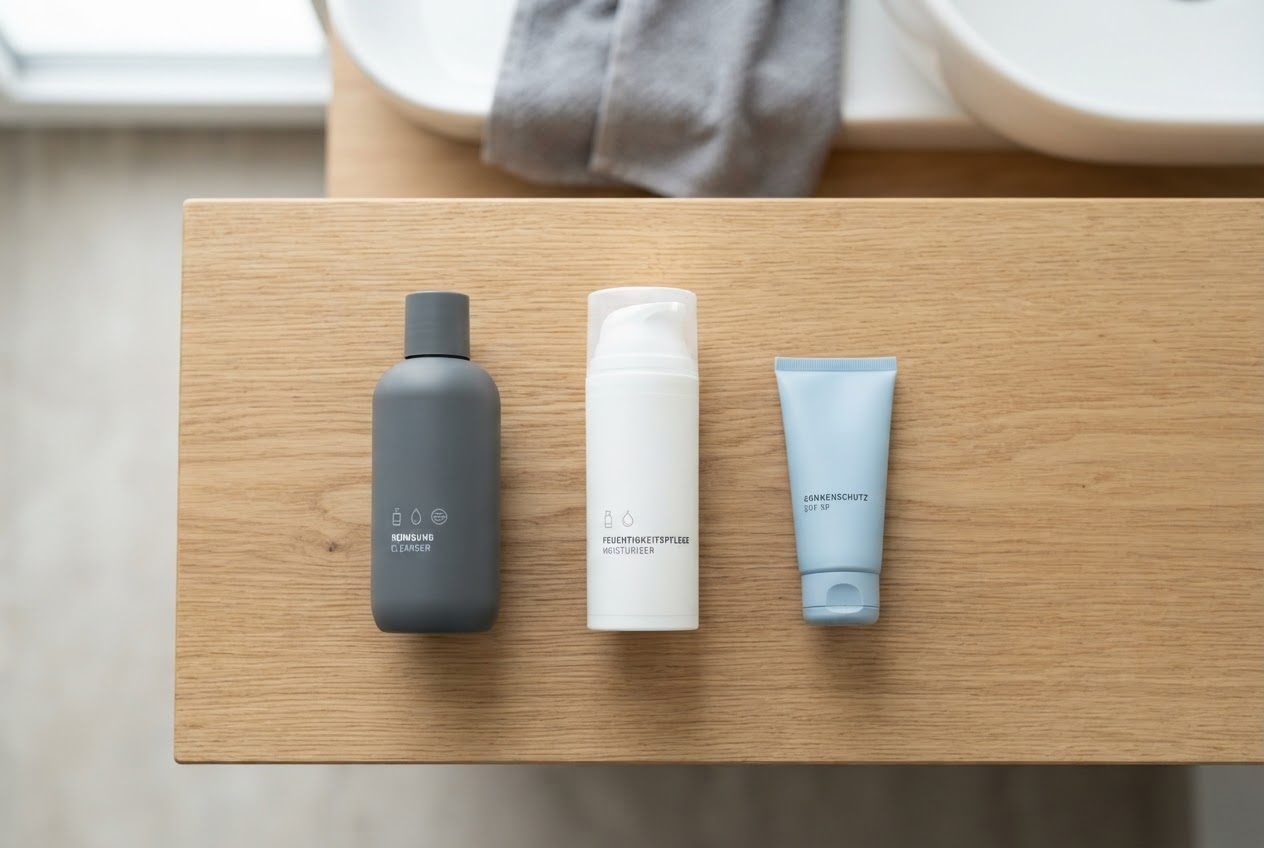A flat lay of three unbranded skincare products: a cleanser, a moisturizer, and a sunscreen, arranged in order on a wooden surface.