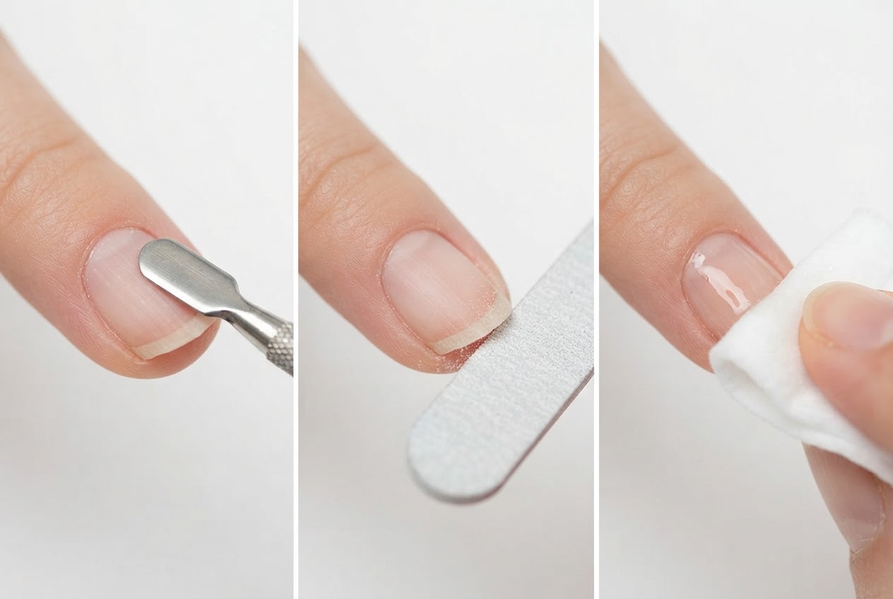 A step-by-step illustration of nail preparation: pushing back cuticle with a stick, filing the nail edge, and wiping with a cleaner pad.