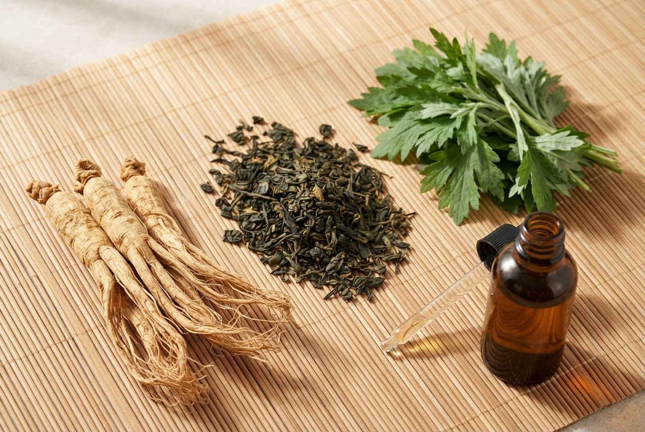 A flat lay of ginseng root, green tea leaves, and mugwort leaves on a bamboo mat, with a small bottle of hair tonic nearby.