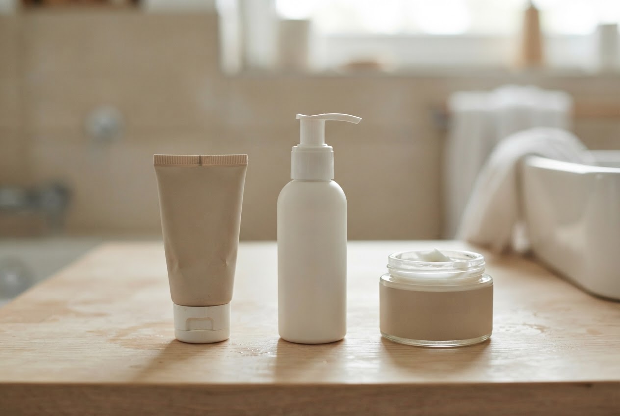 A comparison of three skincare containers: a tube, a pump bottle, and a jar, on a table, with the tube and pump appearing more practical.