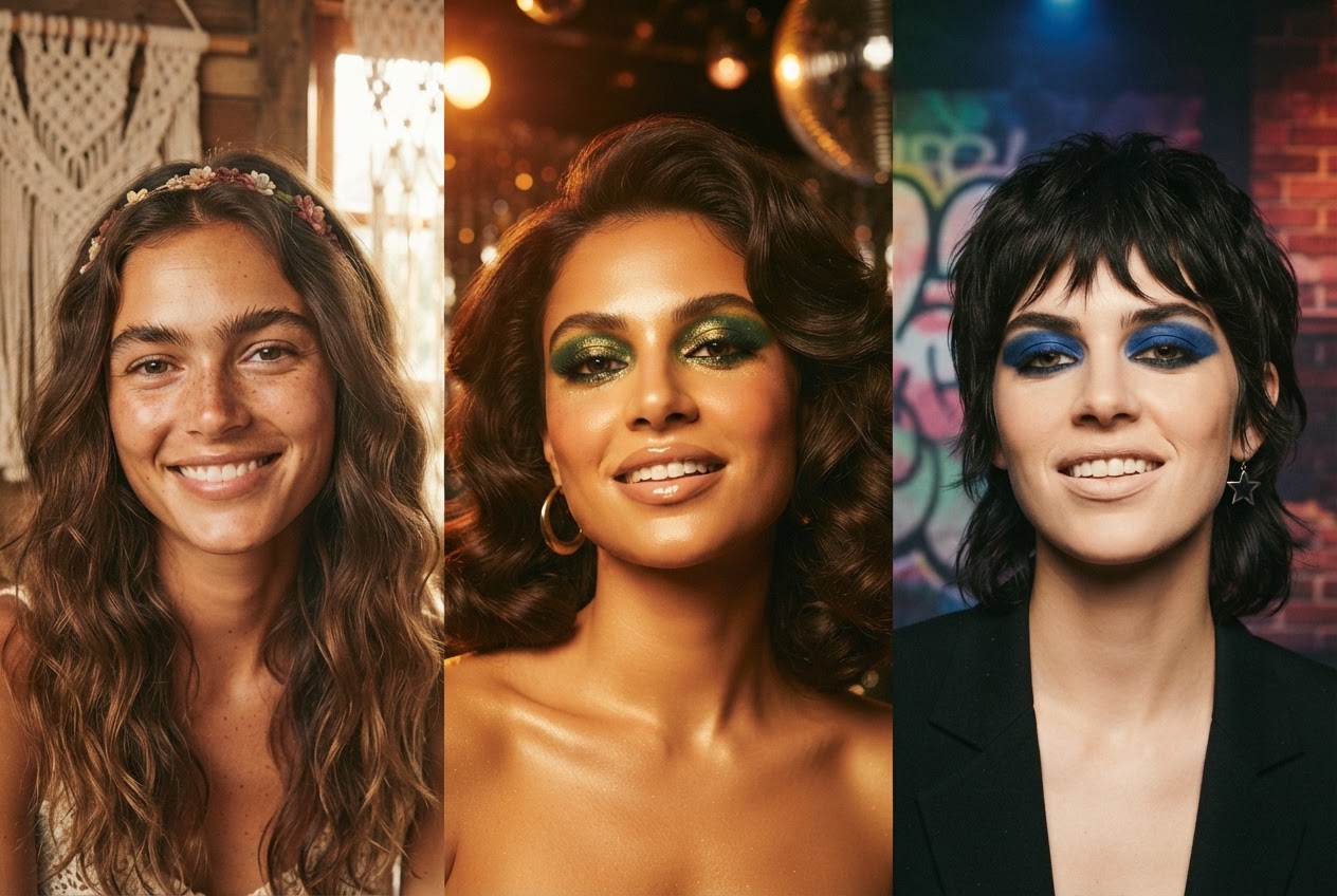 A collage of three women with distinct 70s makeup looks: natural hippie, glamorous disco, and bold glam rock.