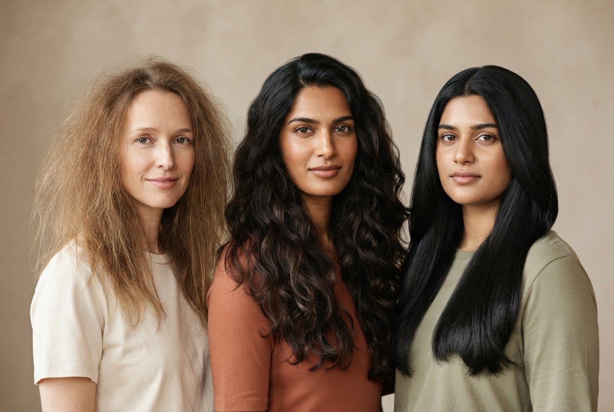 Three women with different hair types: one with fine dry hair, one with strong thick hair, one with oily shiny hair.