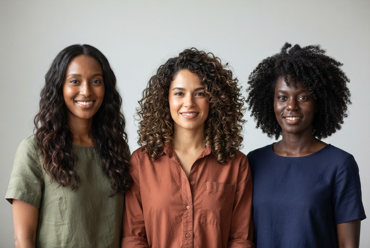 Three women with different hair textures: loose waves, defined curls, and tight coils.