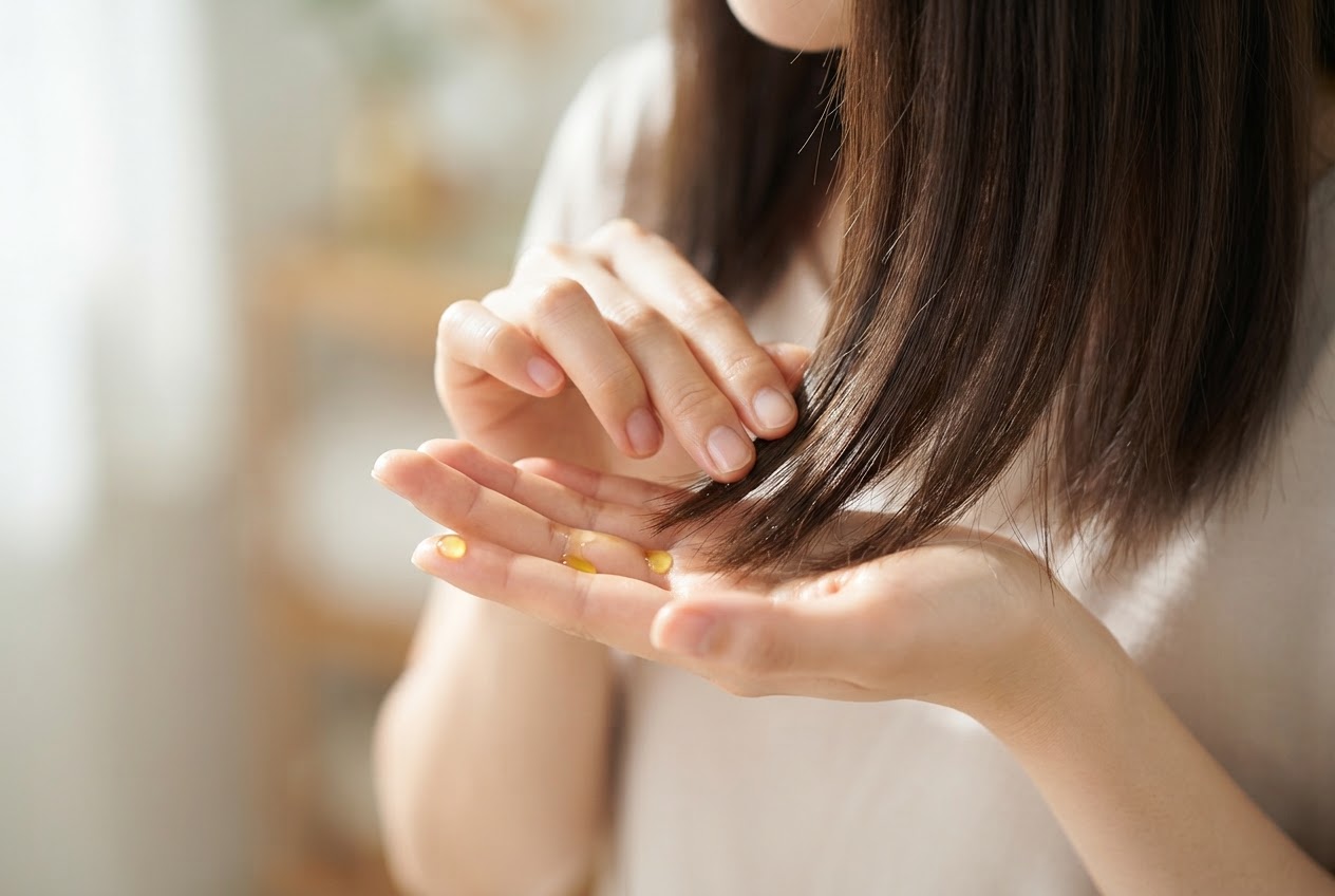 Close-up of hands with two to three drops of golden camellia oil, smoothing the ends of dry hair.
