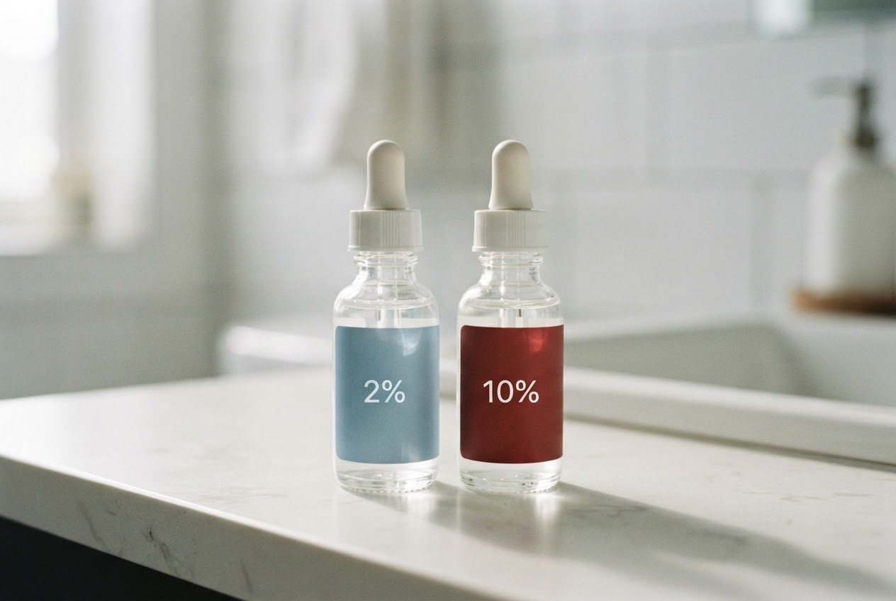 Two unbranded BHA bottles side by side, one labeled 2% and the other 10%.
