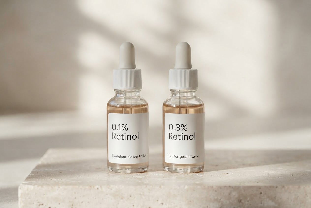 Two small cosmetic bottles with labels indicating different retinol concentrations, one lower and one higher.