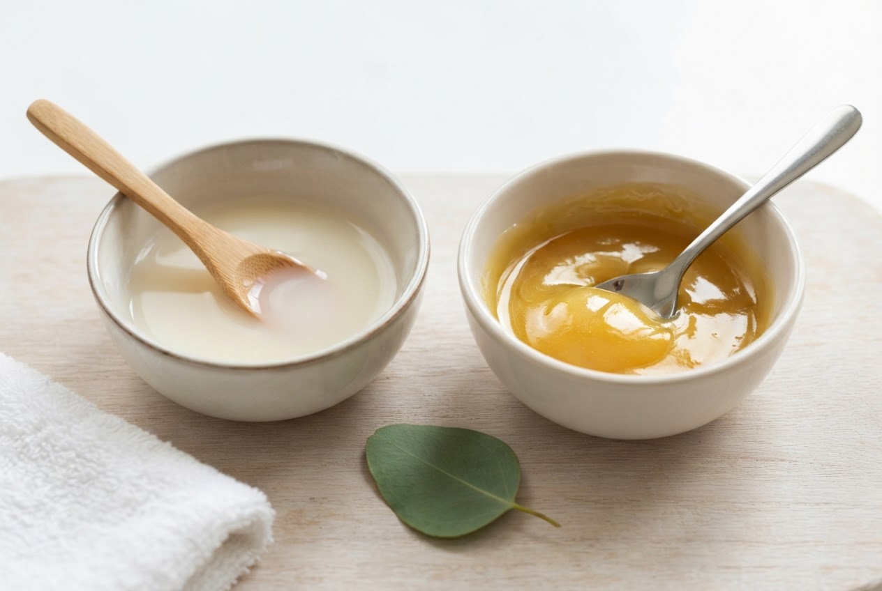 Two small bowls side by side: one with a light, creamy white cure and the other with a thicker, golden oily mask, each with a small spoon.