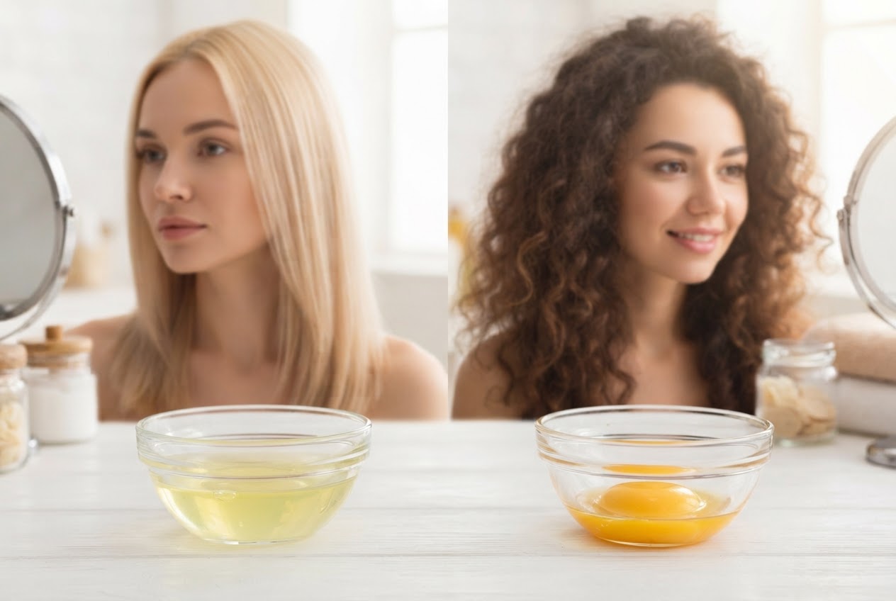 Two bowls side by side, one with egg white and one with egg yolk, next to a woman with fine hair and a woman with curly hair.