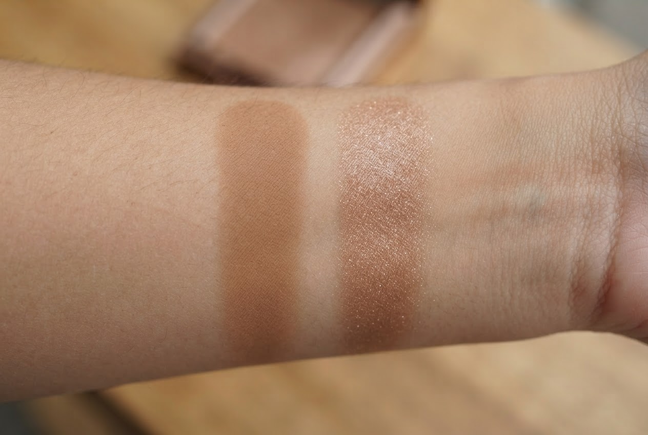 Two swatches on a forearm: one matte bronzer and one shimmer bronzer, showing the difference in shine.