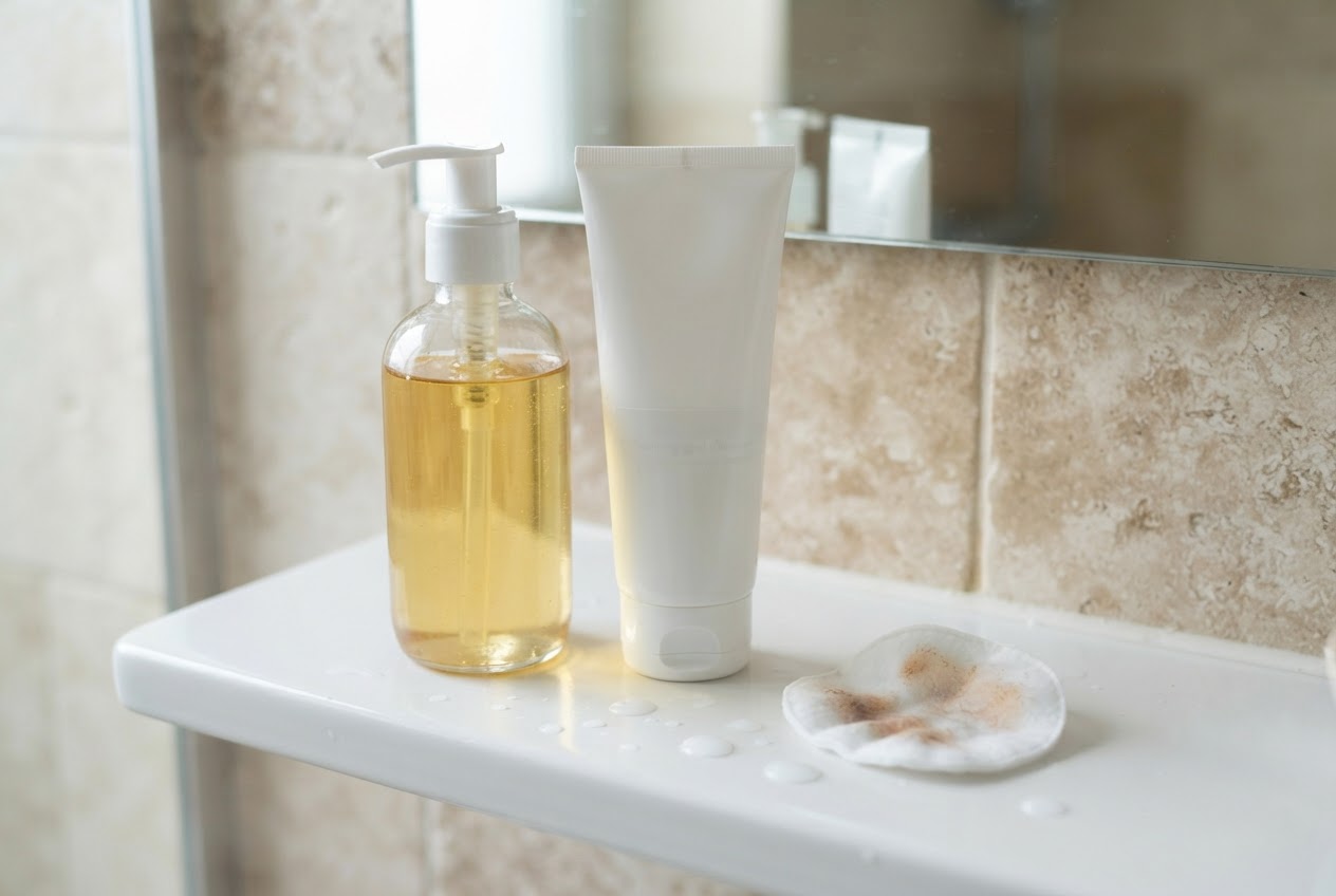 Two cleansers on a bathroom shelf: an oil-based cleanser in a bottle and a water-based cleanser in a tube, with a cotton pad showing makeup removal.