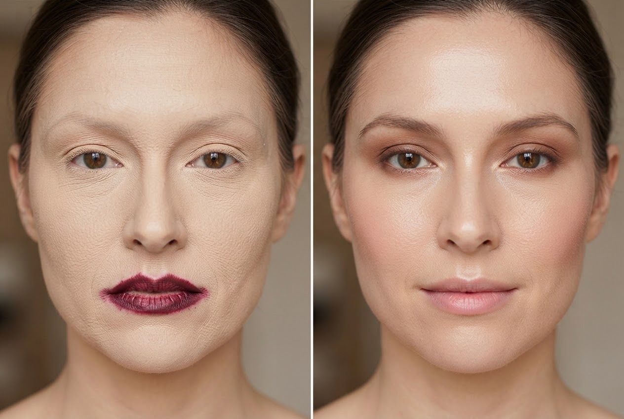 A side-by-side comparison: on the left, a makeup look with too much product appearing cakey; on the right, a balanced, natural look.
