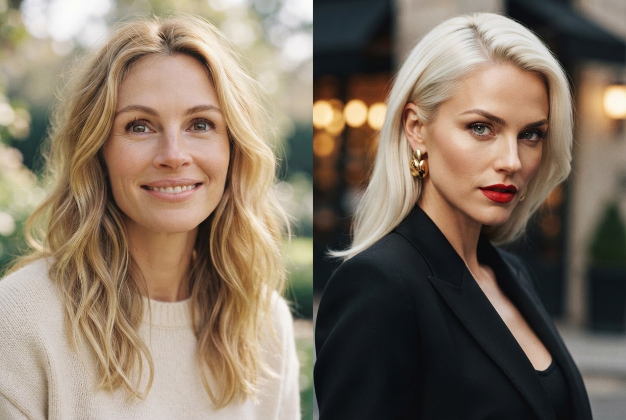 Two women with blonde hair, one with a sweet innocent expression, the other with a confident seductive look, standing side by side.