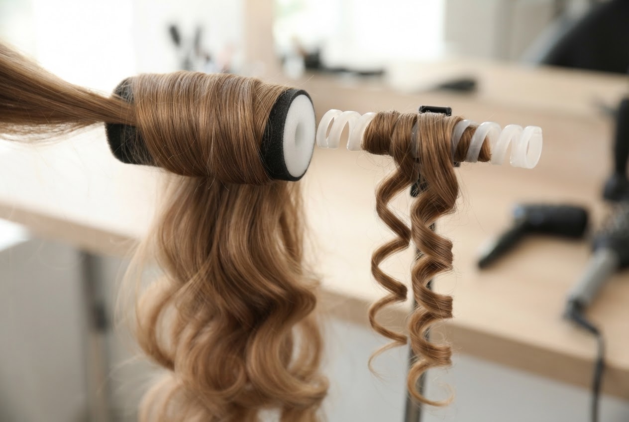 A thick and a thin curler side by side, each with a strand of hair wrapped around, showing different curl sizes.