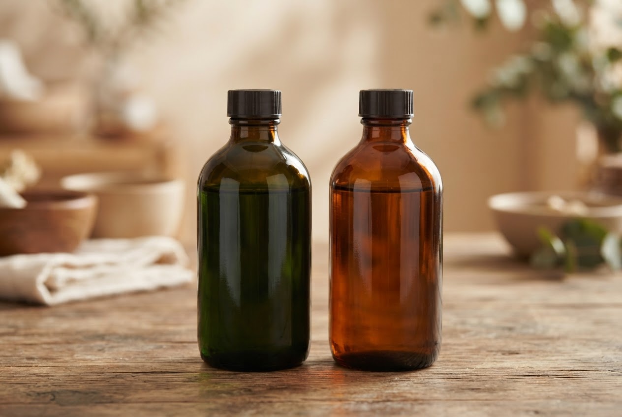 Two dark glass bottles of Bhringaraj and Brahmi oil with different colored oil, one deep green, one amber brown.