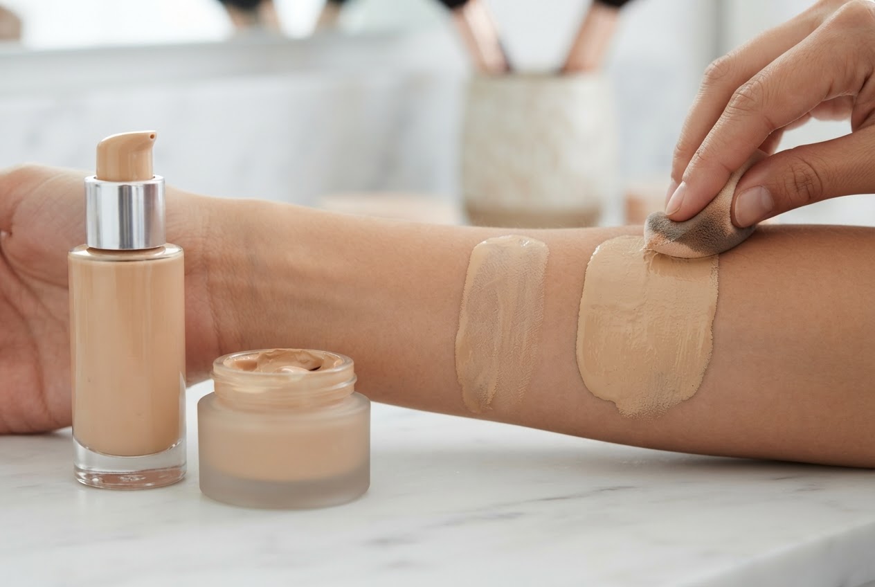 Two foundation bottles, one liquid and one cream, with a swatch on the arm showing different coverage.