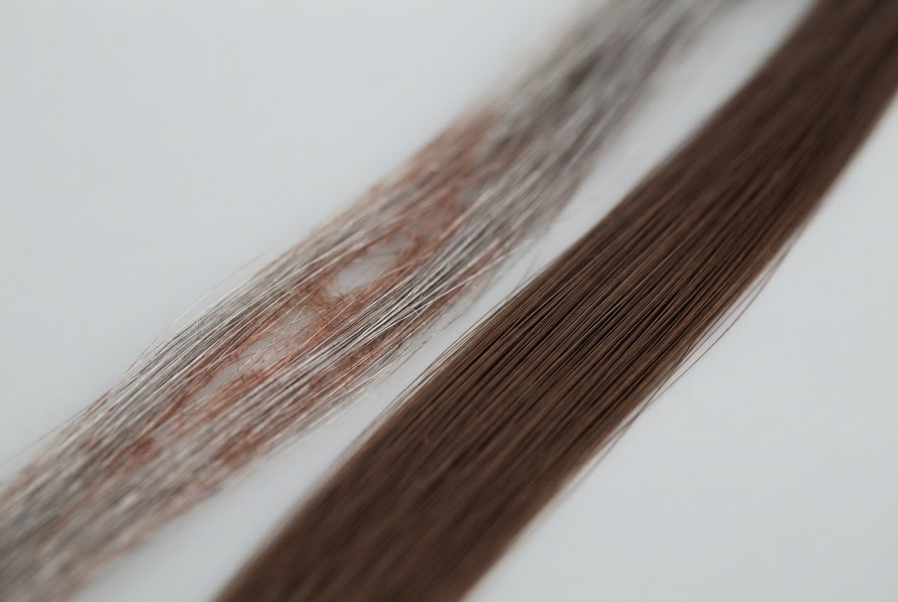Side-by-side comparison of hair strands: one with gray hair not fully covered by tint, another with gray fully covered by permanent color.