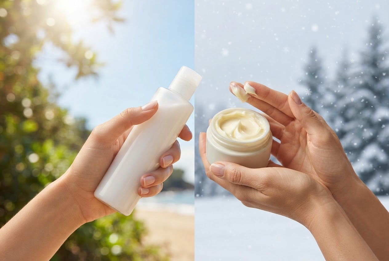Vergleich von einer leichten Sommerlotion und einer reichhaltigen Wintercreme
