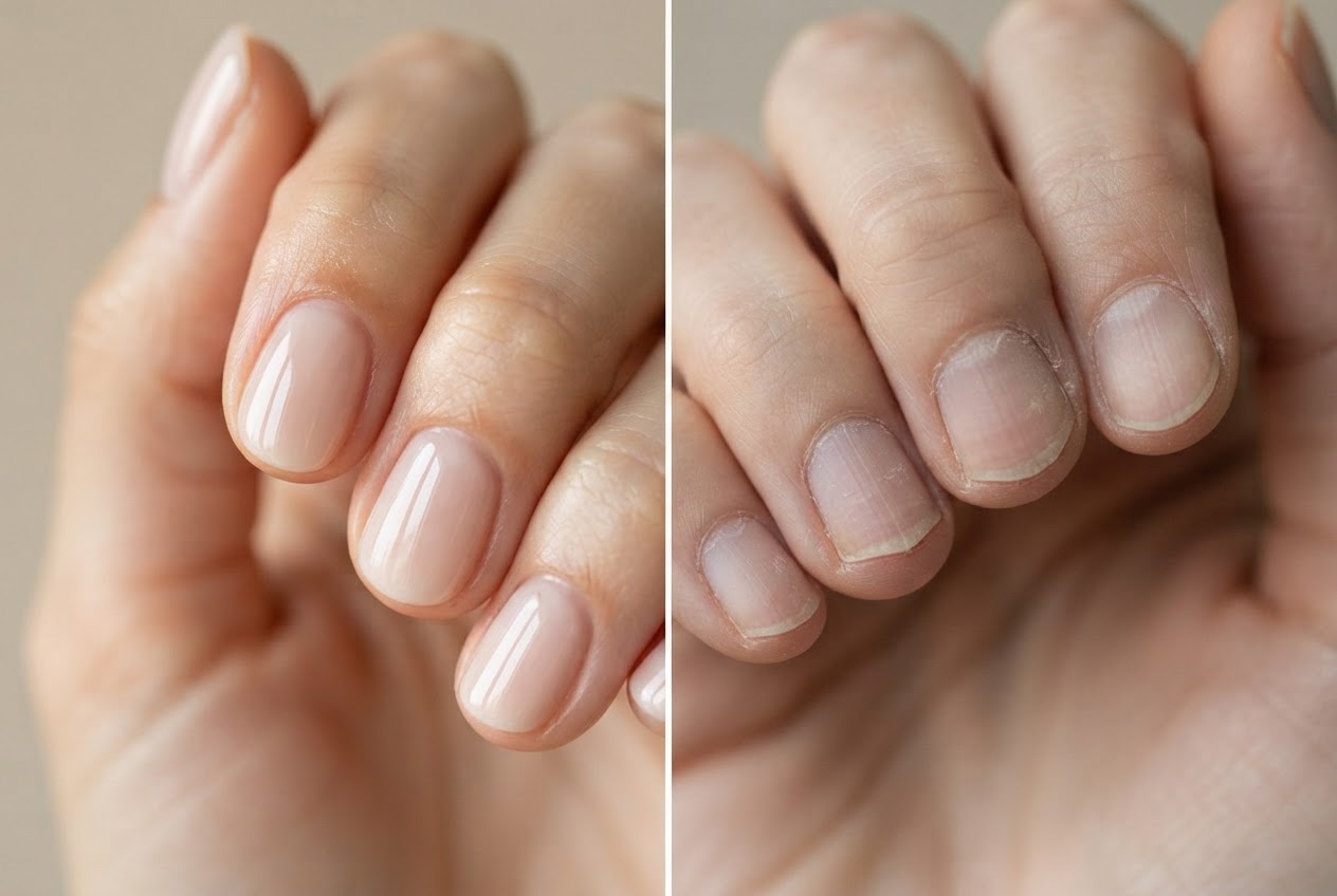 Close-up of a hand with perfectly smooth, glossy nails reflecting light, compared to a dull nail on the side.