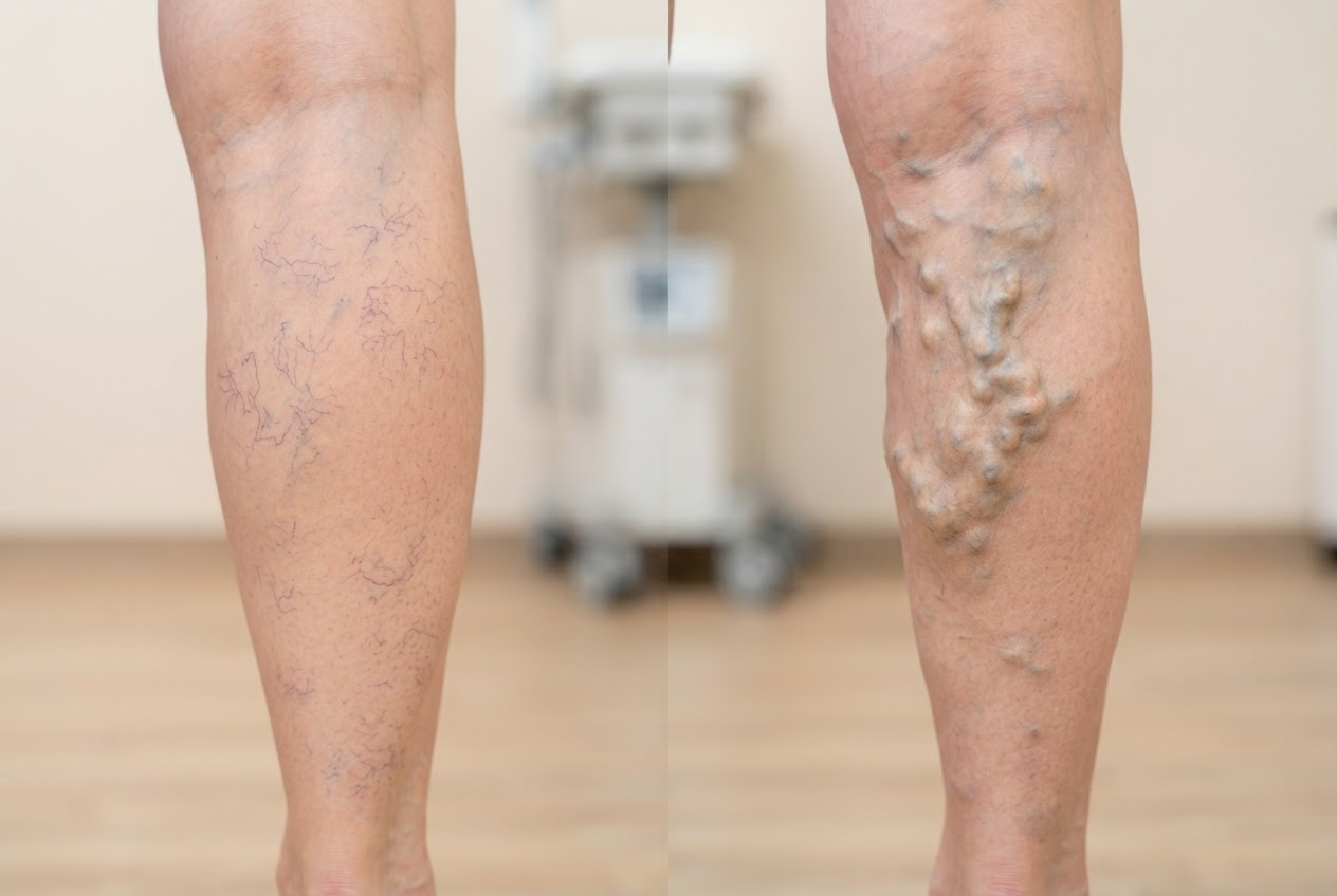 Side-by-side comparison of a leg with fine spider veins and a leg with bulging, twisted varicose veins.
