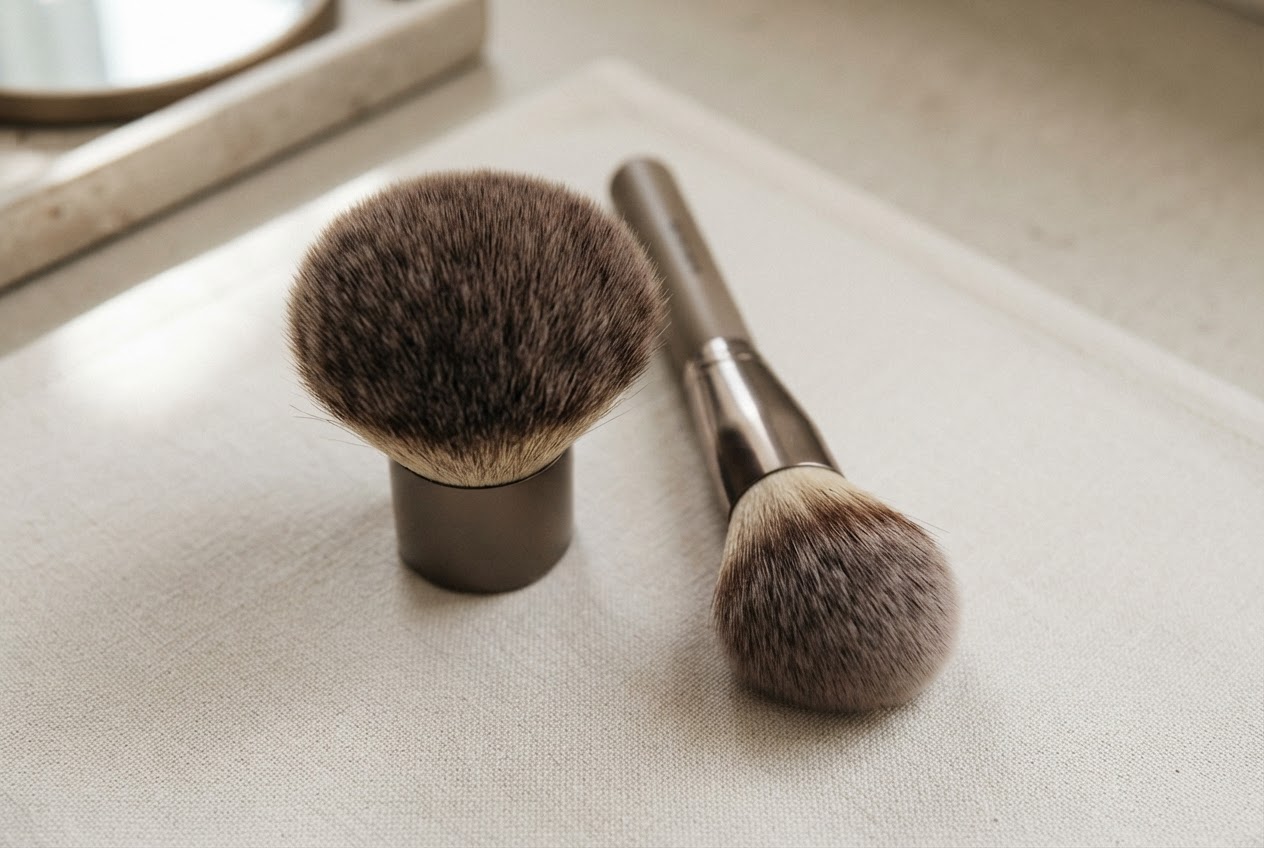 A kabuki brush and a contour brush side by side, both fluffy with soft bristles.