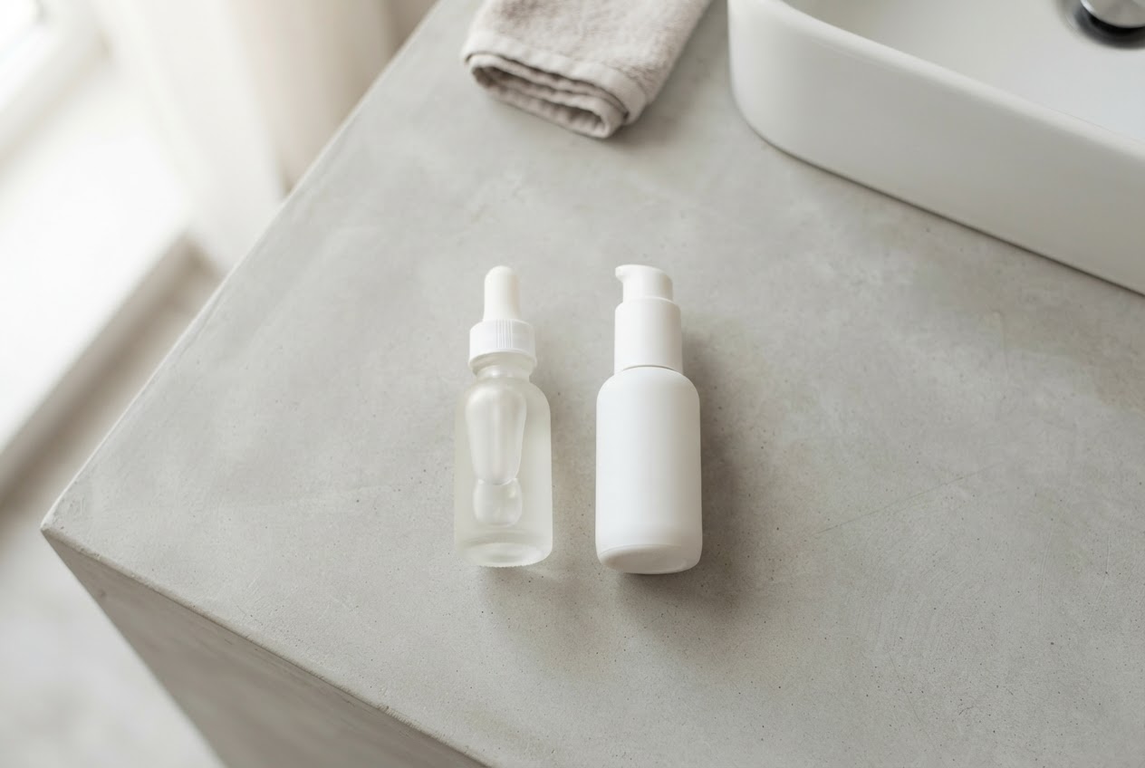 A clean bathroom counter with exactly two skincare bottles—one labeled as a hydrating serum and one as a gentle exfoliant—no other products.