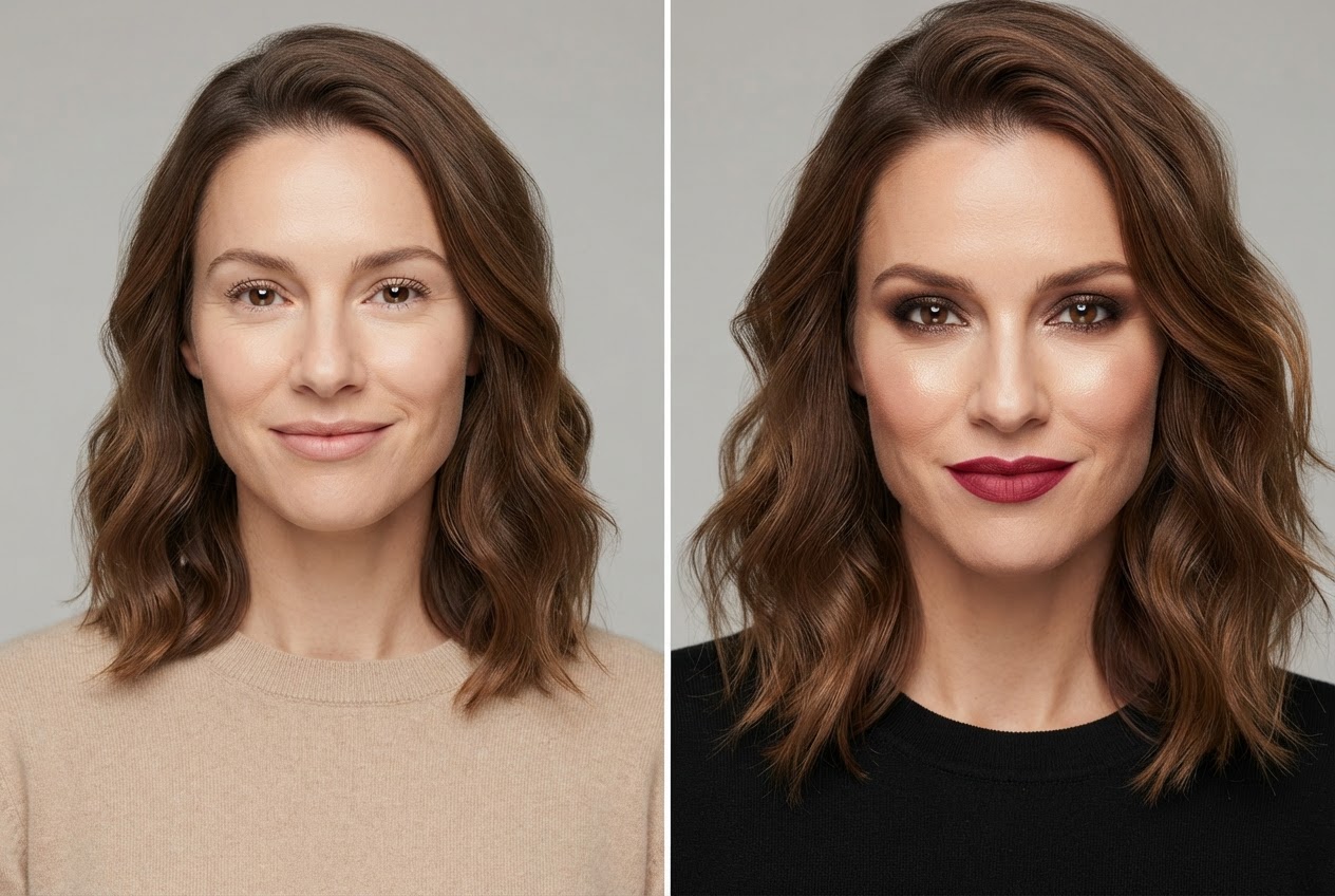 Split image of a woman with day makeup and night makeup.