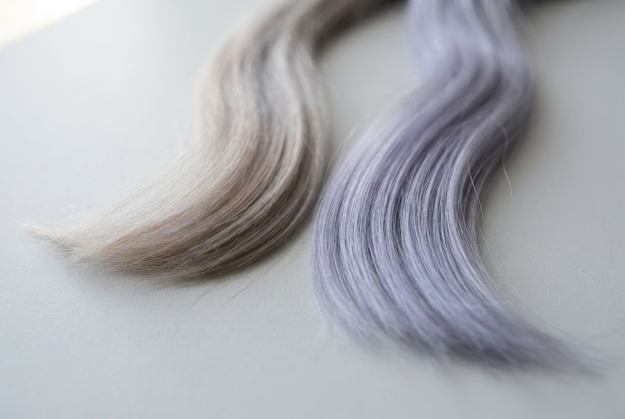 Two locks of gray hair side by side: one with a soft silver tone, the other with a more intense, cooler silver tone.