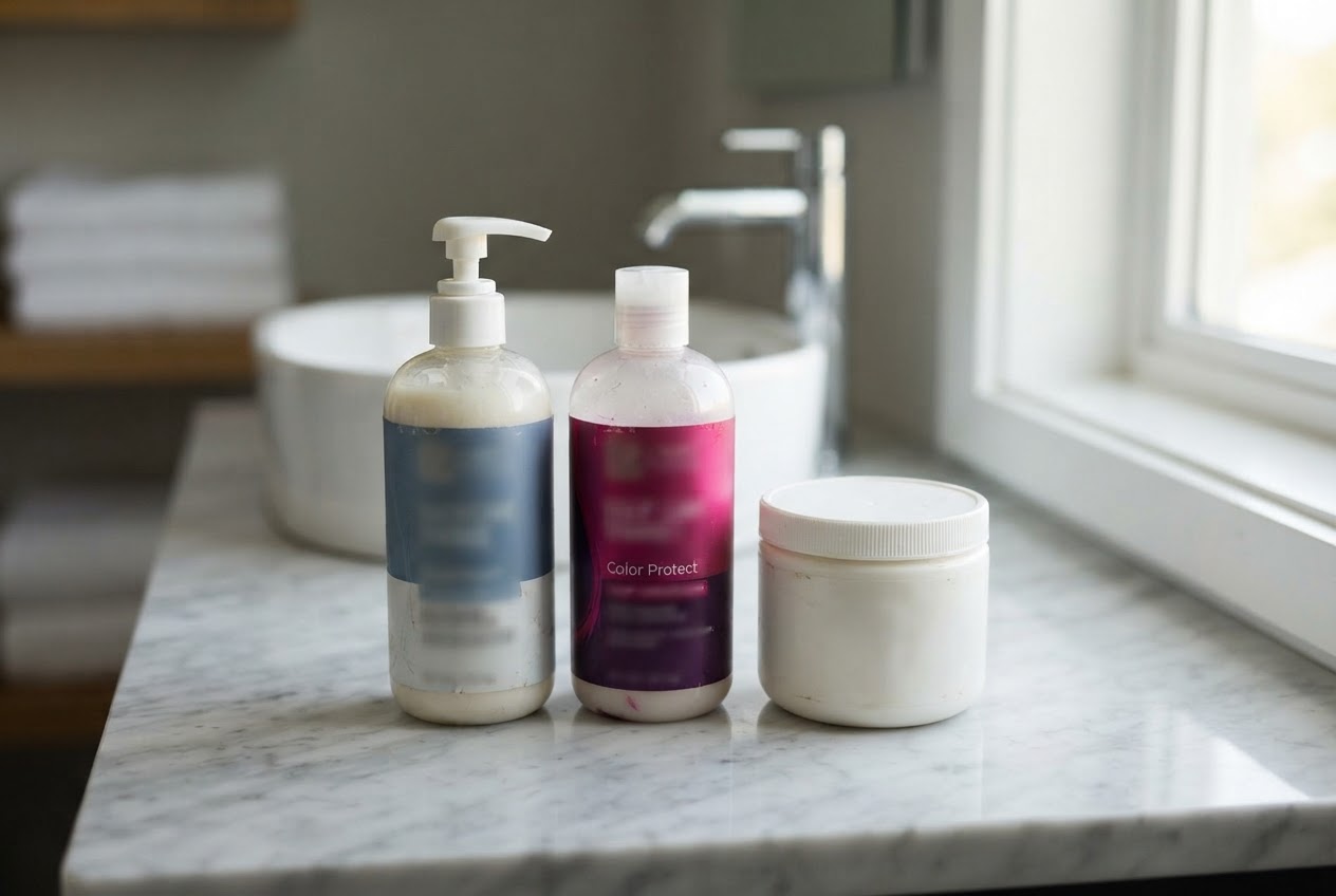 Two shampoo bottles side by side: one regular, one labeled for colored hair, with a jar of conditioner.