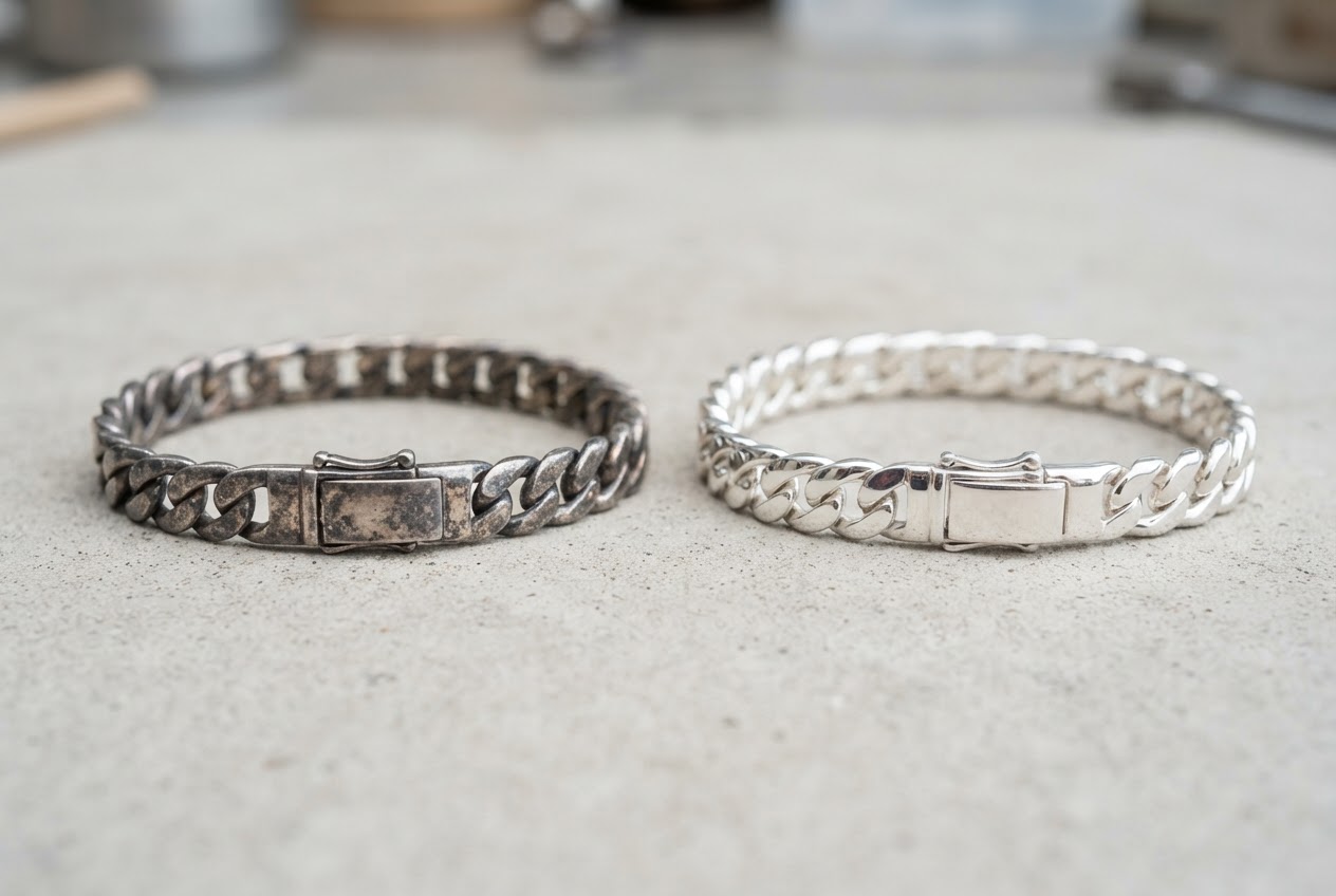 Two silver bracelets side by side, one with a dark gray tarnish layer and one with a clean shiny surface.